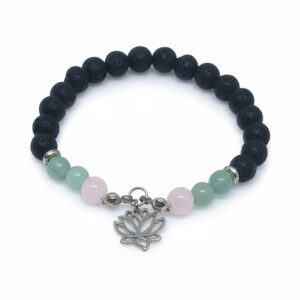 Zöld Lótusz lávakő karkötő aventurinnal és rózsakvarccal