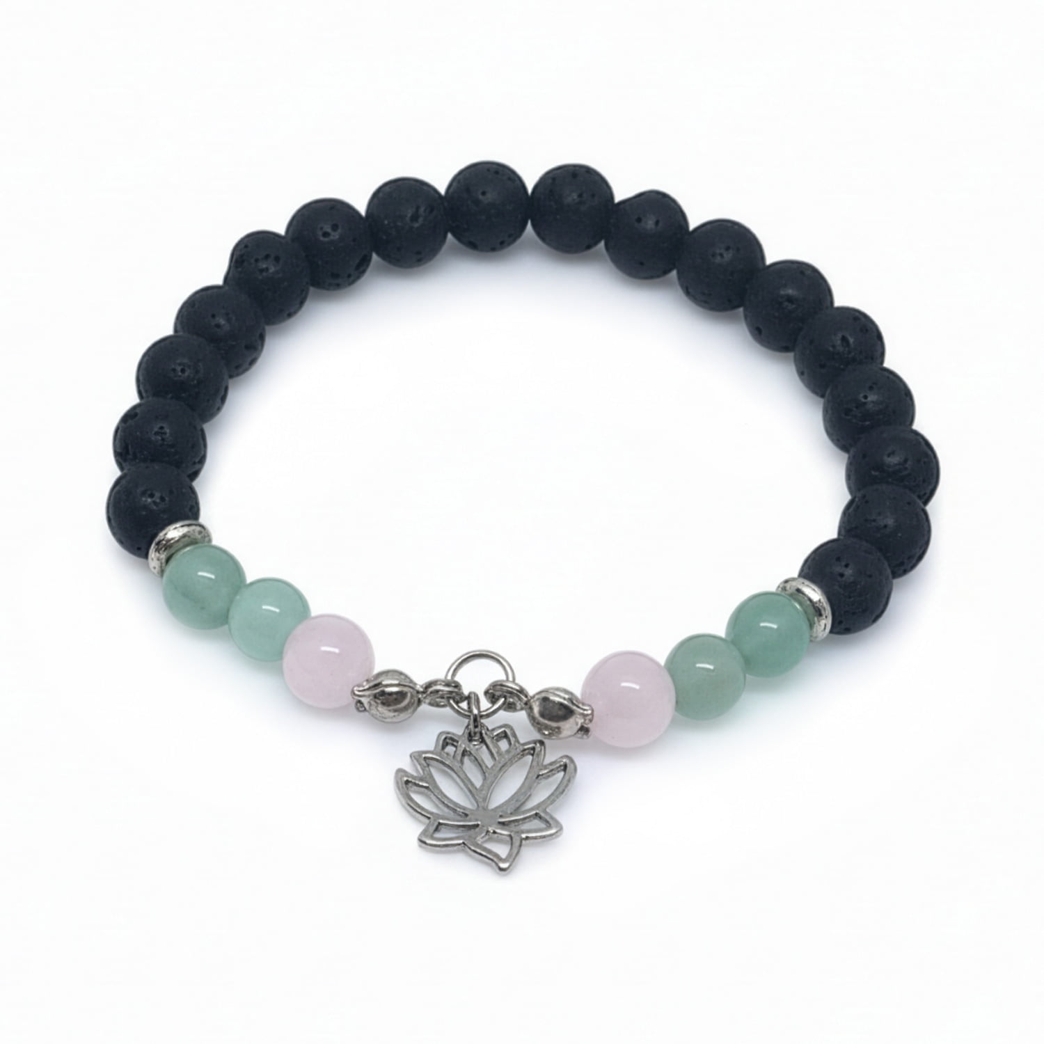 Zöld Lótusz lávakő karkötő aventurinnal és rózsakvarccal
