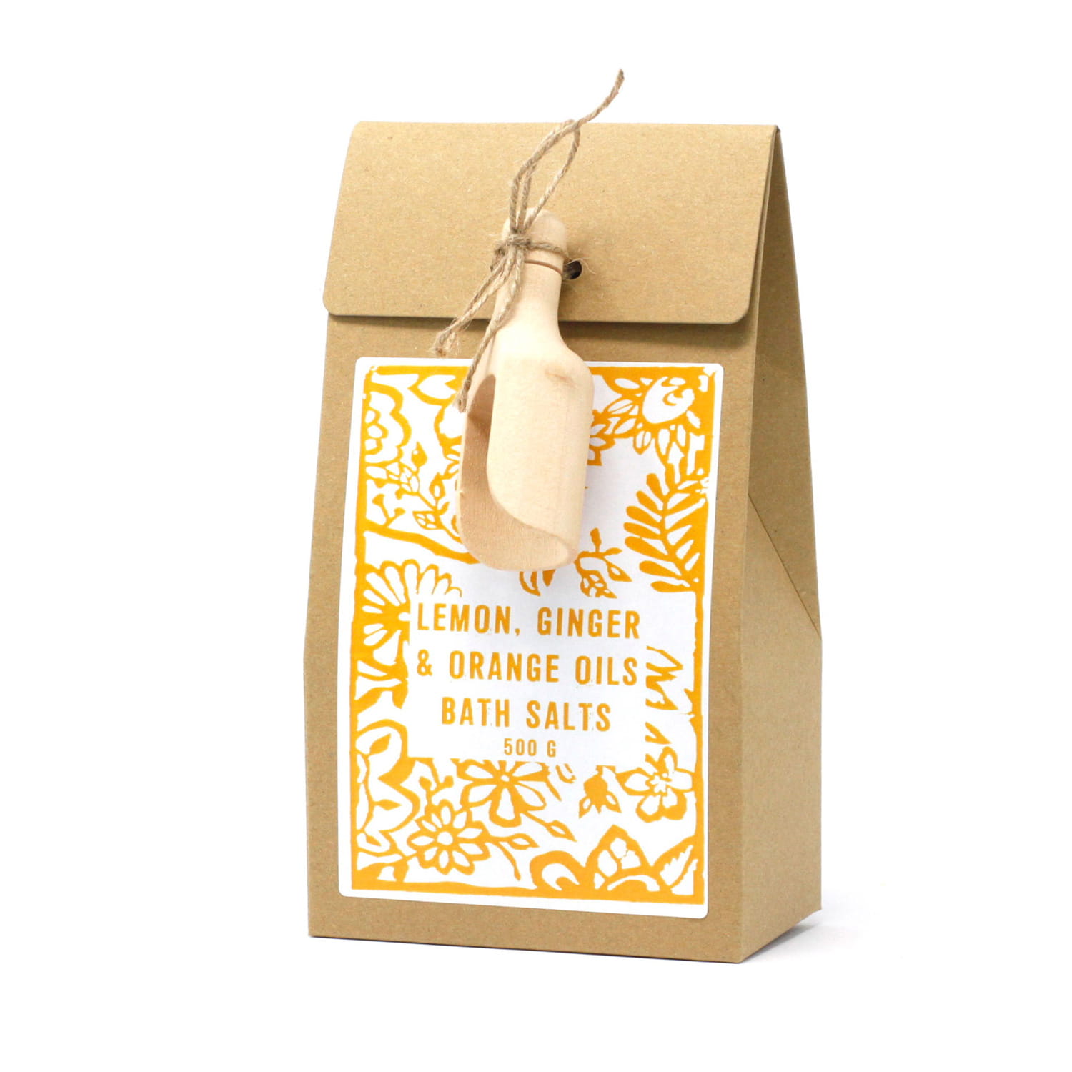 Himalája fürdősó - citrom, gyömbér és narancs illóolajat, avokádó olajat és körömvirág szírmokat tartalmaz, fa adagolólapáttal