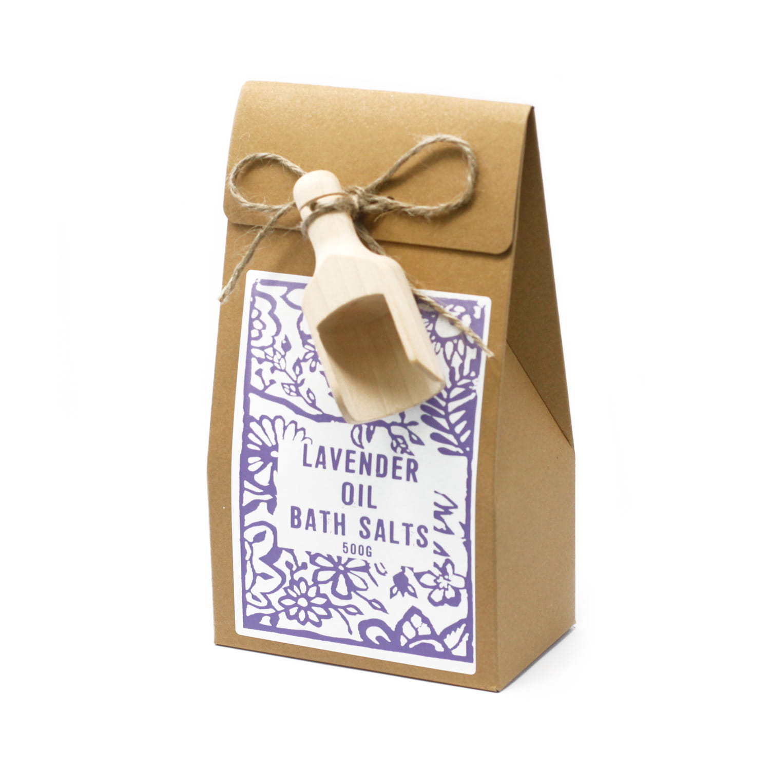 Levendulás Himalája fürdősó, levendula illóolajat, jojoba olajat és levendula magokat tartalmaz, fa adagolólapáttal