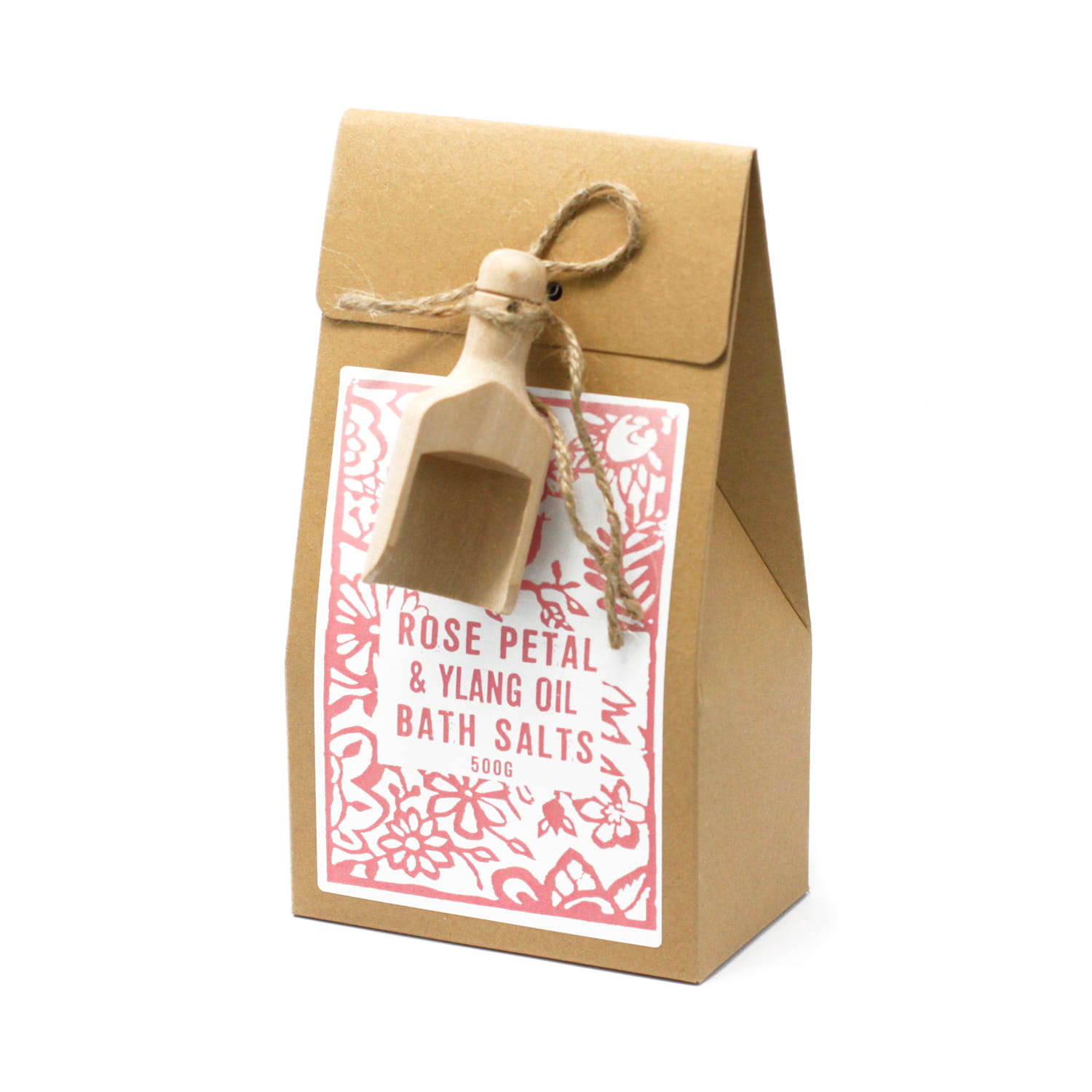 Himalája fürdősó - ylang-ylang illóolajat, kókusz olajat és rózsaszírmokat tartalmaz, fa adagolólapáttal