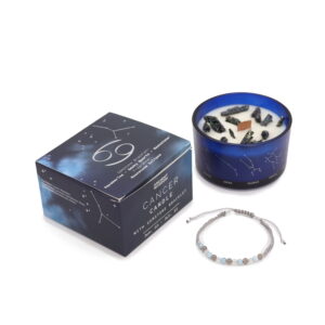 Szójaviasz illatgyertya benne kristályokkal és ajándék drágakő karkötővel a Rák horoszkóp jegyében