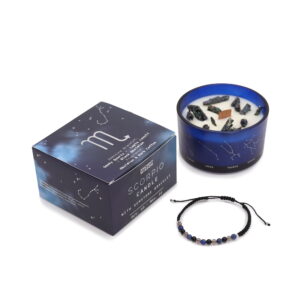 Szójaviasz illatgyertya benne kristályokkal és ajándék drágakő karkötővel a Skorpió horoszkóp jegyében