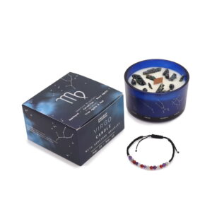 Szójaviasz illatgyertya benne kristályokkal és ajándék drágakő karkötővel a Szűz horoszkóp jegyében