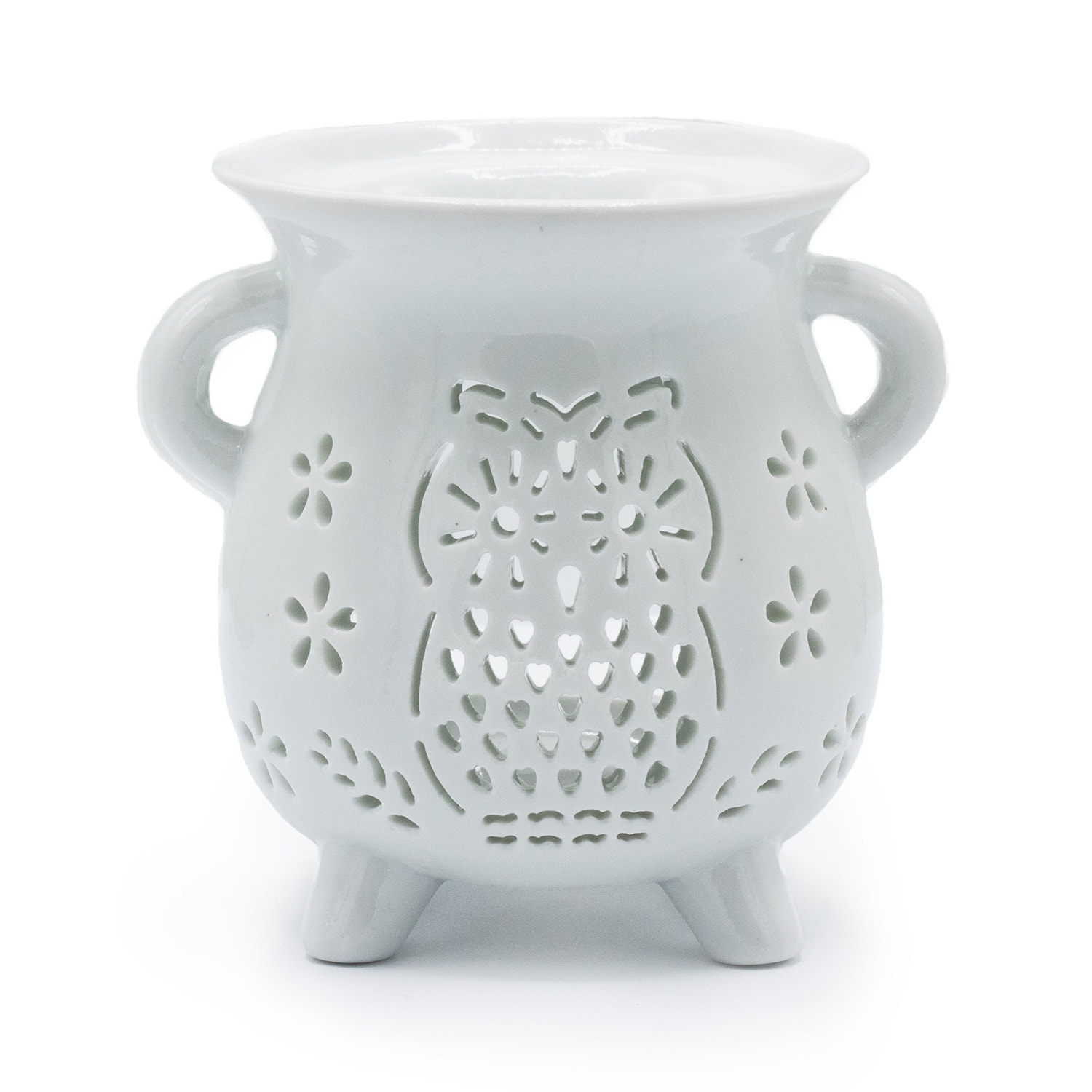 Fehér aromalámpa boszorkányüst formájú, fekete színű, bagoly mintával - illóolaj párologtató